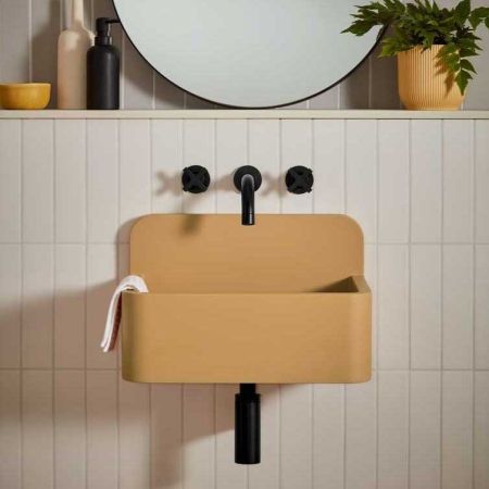 Oskar Rectangular Concrete Basin With Backsplash - Freestanding - Ochre Yellow