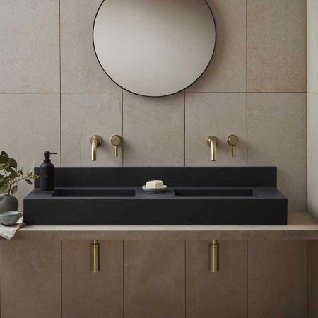 Xanti Rectangular Concrete Double Basin With Backsplash - Freestanding - Charcoal Grey