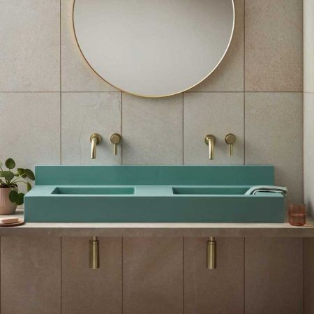 Xanti Rectangular Concrete Double Basin With Backsplash - Freestanding - Seafoam Green