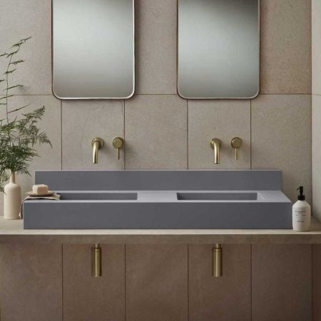 Xanti Rectangular Concrete Double Basin With Backsplash - Freestanding - Cool Grey