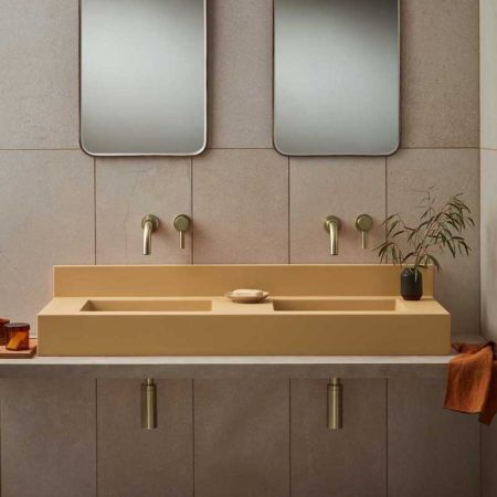 Xanti Rectangular Concrete Double Basin With Backsplash - Freestanding - Ochre Yellow
