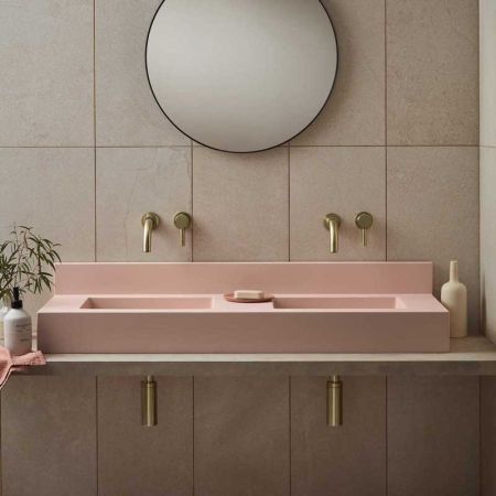 Xanti Rectangular Concrete Double Basin With Backsplash - Freestanding - Blush Pink