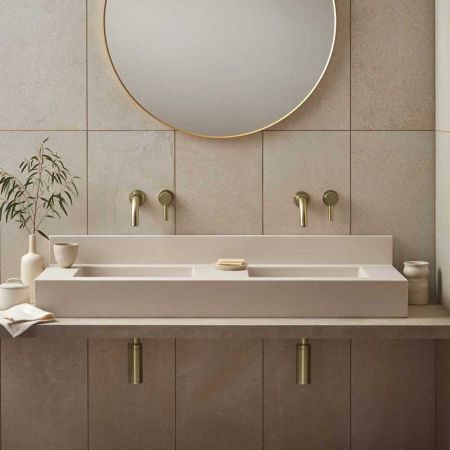 Xanti Rectangular Concrete Double Basin With Backsplash - Freestanding - Linen White