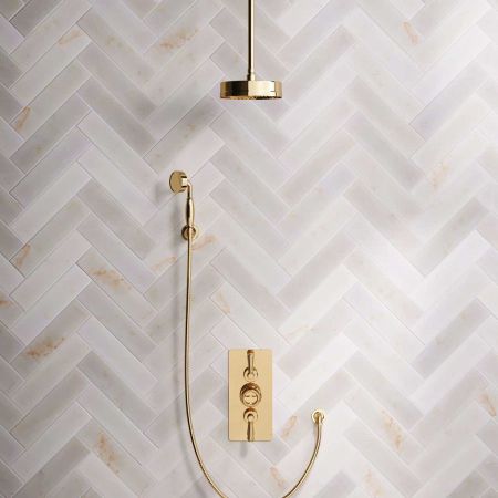 Klee Dual Outlet Concealed Shower with Hook Mount, 210mm Ceiling Arm & 8" Rose - Metal Lever - Living Brass