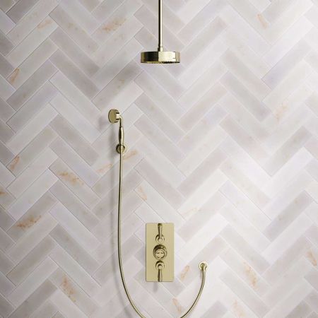 Klee Dual Outlet Concealed Shower with Hook Mount, 210mm Ceiling Arm & 8" Rose - Metal Lever - Timeless Brass