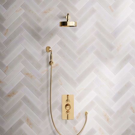 Klee Dual Outlet Concealed Shower with Hook Mount, 500mm Wall Arm & 8" Rose - Metal Lever - Living Brass