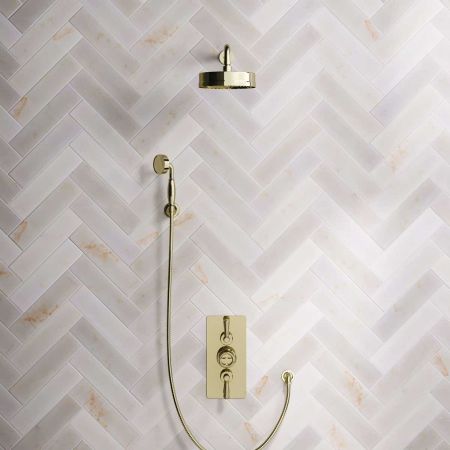 Klee Dual Outlet Concealed Shower with Hook Mount, 500mm Wall Arm & 8" Rose - Metal Lever - Timeless Brass