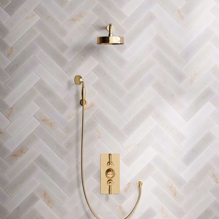 Klee Dual Outlet Concealed Shower with Hook Mount, 300mm Wall Arm & 8" Rose - Metal Lever - Living Brass