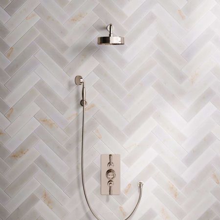 Klee Dual Outlet Concealed Shower with Hook Mount, 300mm Wall Arm & 8" Rose - Metal Lever - Polished Nickel