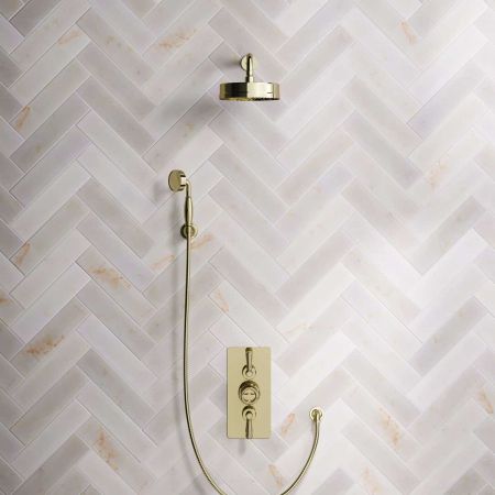 Klee Dual Outlet Concealed Shower with Hook Mount, 300mm Wall Arm & 8" Rose - Metal Lever - Timeless Brass