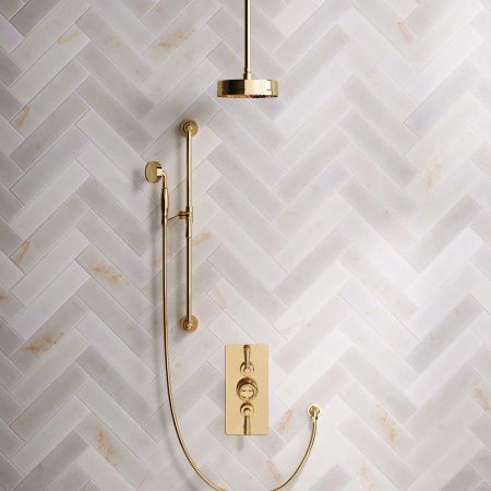 Klee Dual Outlet Concealed Shower with Slider Rail, 210mm Ceiling Arm & 8" Rose - Metal Lever - Living Brass