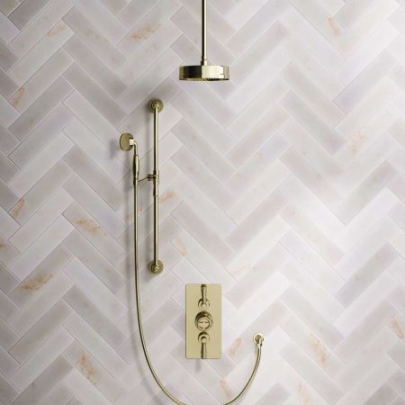 Klee Dual Outlet Concealed Shower with Slider Rail, 210mm Ceiling Arm & 8" Rose - Metal Lever - Timeless Brass