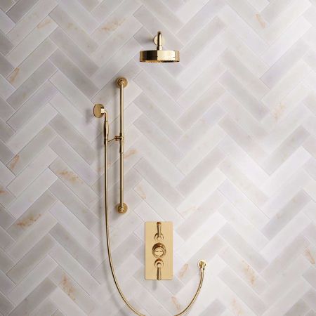 Klee Dual Outlet Concealed Shower with Slider Rail, 500mm Wall Arm & 8" Rose - Metal Lever - Living Brass