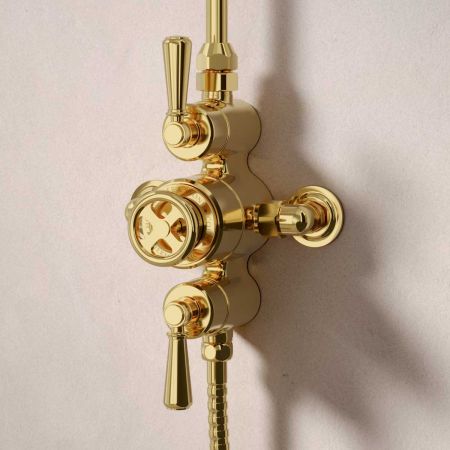 Klee Dual Outlet Exposed Shower with Rigid Riser, Mounted Handshower & 8" Rose - Metal Lever - Living Brass