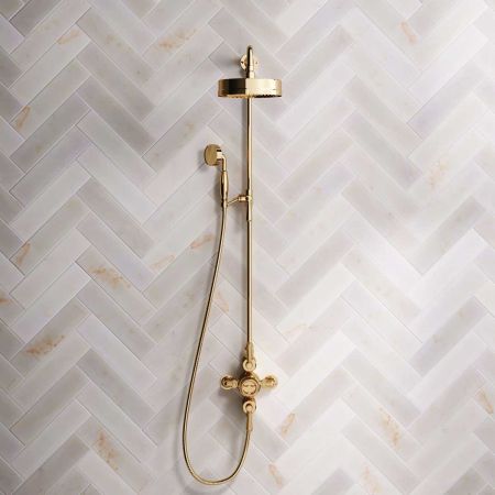 Klee Dual Outlet Exposed Shower with Rigid Riser, Mounted Handshower & 8" Rose - Metal Lever - Living Brass