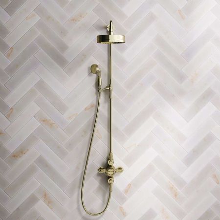 Klee Dual Outlet Exposed Shower with Rigid Riser, Mounted Handshower & 8" Rose - Metal Lever - Timeless Brass