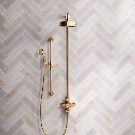 Klee Dual Outlet Exposed Shower with Rigid Riser, Slider Rail & 8" Rose - Metal Lever - Living Brass