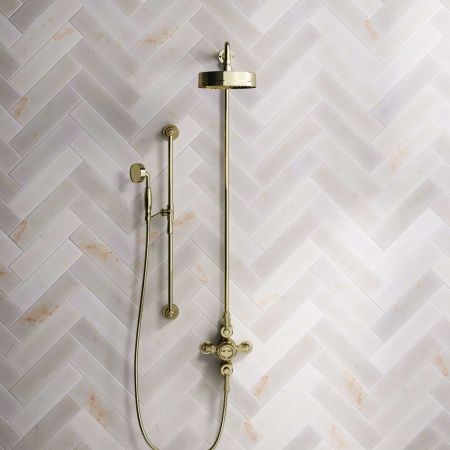 Klee Dual Outlet Exposed Shower with Rigid Riser, Slider Rail & 8" Rose - Metal Lever - Timeless Brass