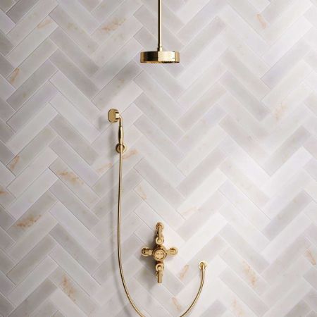 Klee Dual Outlet Semi Exposed Shower with Hook Mount, 210mm Ceiling Arm & 8" Rose - Metal Lever - Living Brass