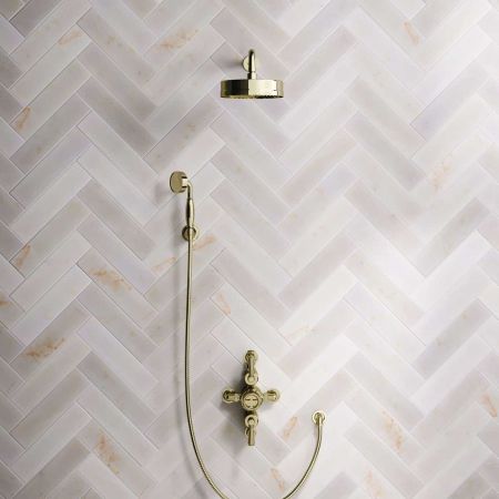 Klee Dual Outlet Semi Exposed Shower with Hook Mount, 500mm Wall Arm & 8" Rose - Metal Lever - Timeless Brass