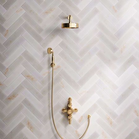 Klee Dual Outlet Semi Exposed Shower with Hook Mount, 300mm Wall Arm & 8" Rose - Metal Lever - Living Brass