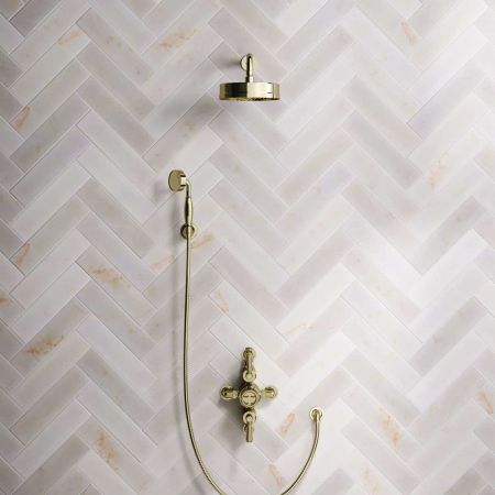 Klee Dual Outlet Semi Exposed Shower with Hook Mount, 300mm Wall Arm & 8" Rose - Metal Lever - Timeless Brass