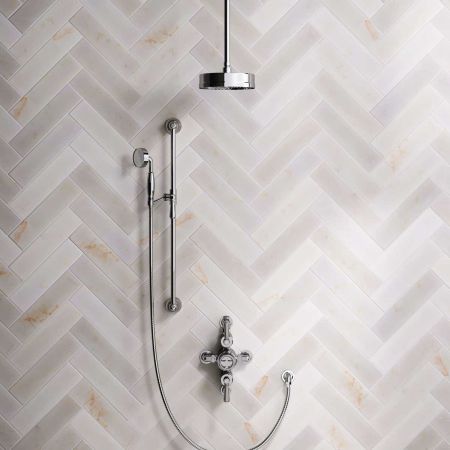 Klee Dual Outlet Semi Exposed Shower with Slider Rail, 210mm Ceiling Arm & 8" Rose - Metal Lever - Chrome