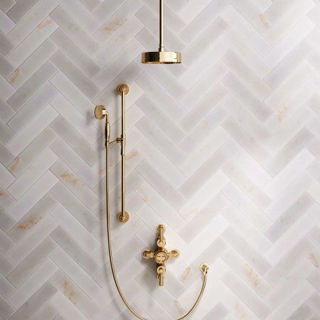 Klee Dual Outlet Semi Exposed Shower with Slider Rail, 210mm Ceiling Arm & 8" Rose - Metal Lever - Living Brass