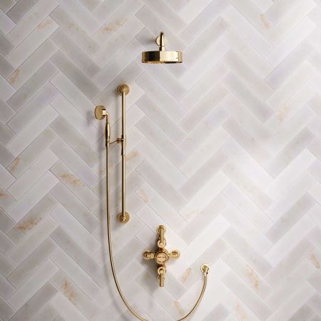 Klee Dual Outlet Semi Exposed Shower with Slider Rail, 500mm Wall Arm & 8" Rose - Metal Lever - Living Brass