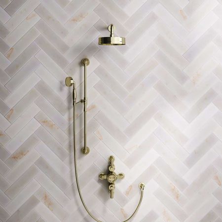 Klee Dual Outlet Semi Exposed Shower with Slider Rail, 300mm Wall Arm & 8" Rose - Metal Lever - Timeless Brass