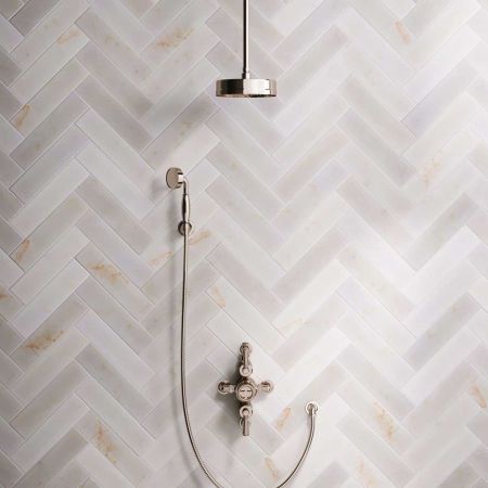 Klee Dual Outlet Semi Exposed Shower with Hook Mount, 210mm Ceiling Arm & 8" Rose - Metal Lever - Timeless Brass