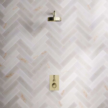 Klee Single Outlet Concealed Shower with 500mm Wall Arm & 8" Rose - Metal Lever - Timeless Brass