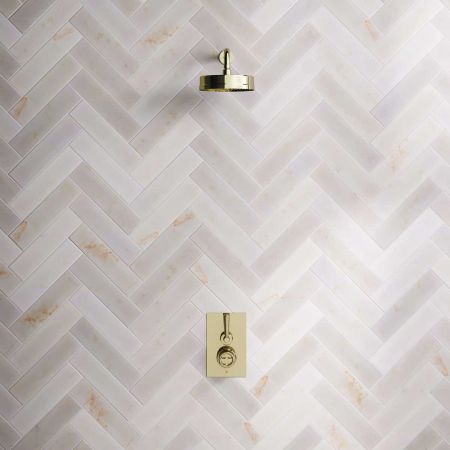 Klee Single Outlet Concealed Shower with 300mm Wall Arm & 8" Rose - Metal Lever - Timeless Brass