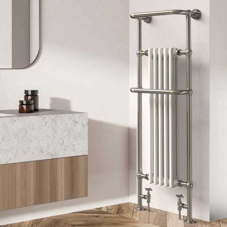 Vogue Regency Tall Floor & Wall Mounted Radiator & Towel Rail - Mild Steel Construction - Polished Nickel