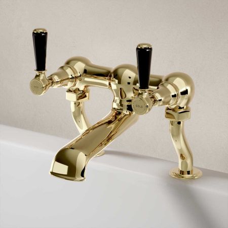 Linton Deck Mounted 2 Hole Bath Filler - Black Lever - Timeless Brass
