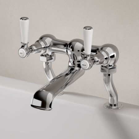 Linton Deck Mounted Bath Filler with White Levers in Chrome