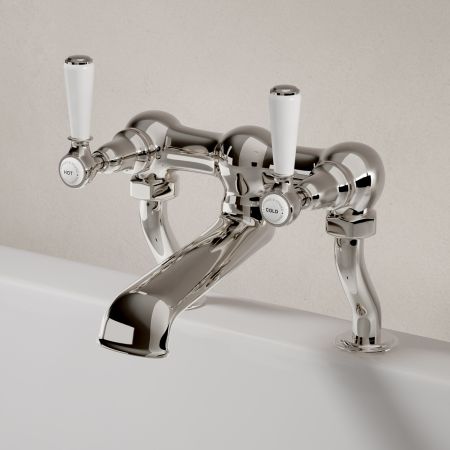 Linton Classic Deck Mounted Bath Filler with White Levers in Polished Nickel