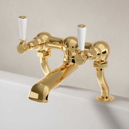 Linton Bath Filler Tap White Lever Living Brass 3/4BSP