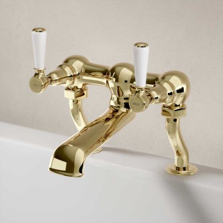 Linton Deck Mounted 2 Hole Bath Filler - White Lever - Timeless Brass