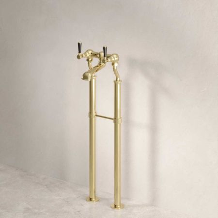 Linton Floor Mounted 2 Hole Bath Filler with 620mm Standpipes - Black Lever - Timeless Brass