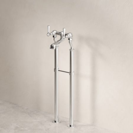 Linton Floor Mounted Bath Filler with 620mm Standpipes & White Levers in Chrome