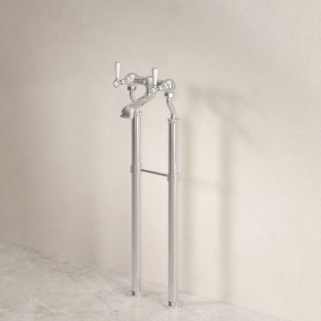 Linton Floor Mounted Bath Filler with 620mm Standpipes & White Levers in Polished Nickel