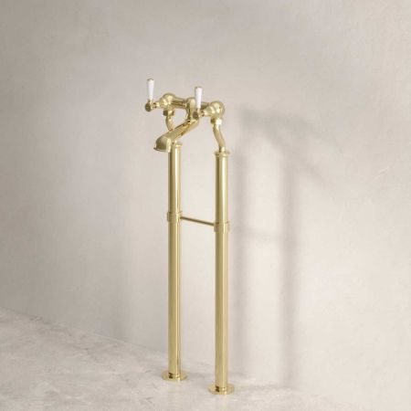Linton Floor Mounted 2 Hole Bath Filler with 620mm Standpipes - White Lever - Timeless Brass