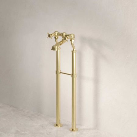 Linton Floor Mounted 2 Hole Bath Filler with 620mm Standpipes - Crosshead - Timeless Brass