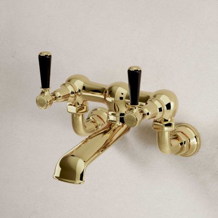 Linton Wall Mounted 2 Hole Bath Filler - Black Lever - Timeless Brass