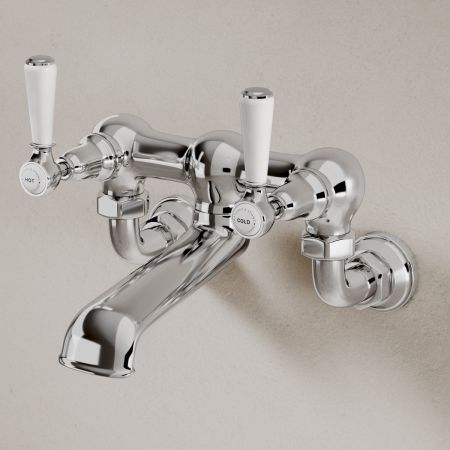 Linton Classic Bath Filler Tap Wall Mounted White Lever Chrome