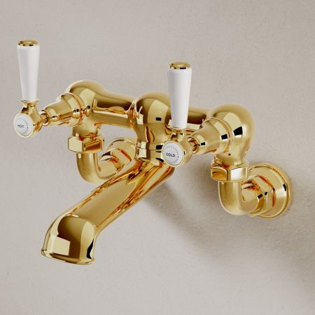 Linton Bath Filler Tap Wall Mounted White Lever Living Brass