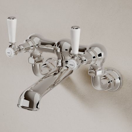 Linton Bath Filler Tap Wall Mounted White Lever Polished Nickel