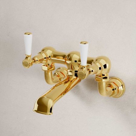 Linton Bath Filler Tap Wall Mounted White Lever Living Brass