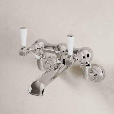 Linton Bath Filler Tap Wall Mounted White Lever Polished Nickel
